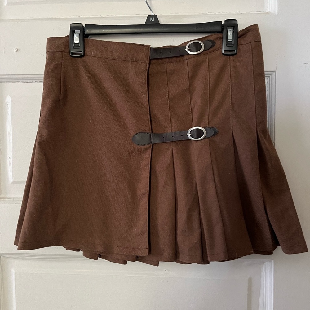 Brown Pleated Skirt with Buckle Detail